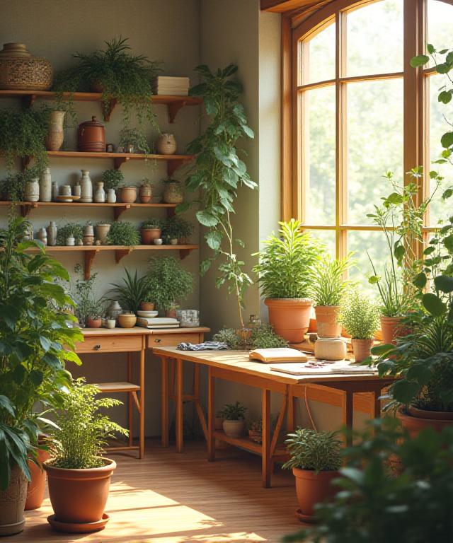 Neko Botanの創造的なスタジオ空間。自然光が差し込み、厳選された花材と道具が美しく配置されています。