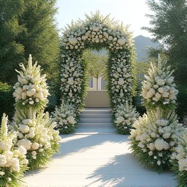 結婚式場の華やかな空間装飾。優雅な白い花と緑で祭壇が飾られています。