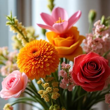 オーダーメイドのフラワーアレンジメント。新鮮な季節の花々がエレガントに束ねられています。