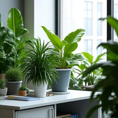 モダンなオフィスのプラントスケープ。緑豊かな観葉植物がデスク周りを彩り、癒しの空間を演出しています。