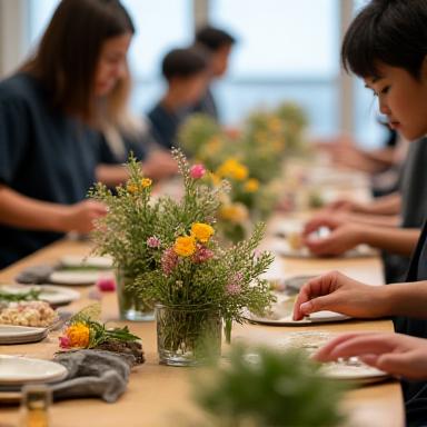 生け花ワークショップの様子。参加者が真剣な表情で花と向き合っています。