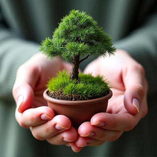 手のひらサイズのミニ盆栽。手のひらに乗るほどの小さな鉢に、苔と松が丁寧に植えられています。