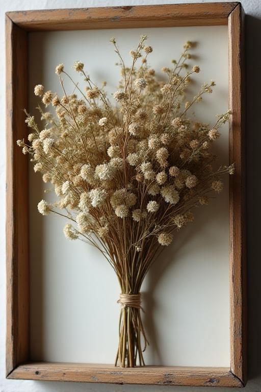 アンティークフレームに飾られたドライフラワーのブーケ。ベージュとグリーンの落ち着いた色合いです。