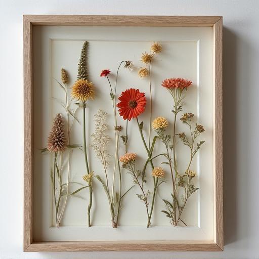 押し花を使ったフレームアート。繊細な植物がガラスの中に閉じ込められ、時を超えた美しさを見せています。