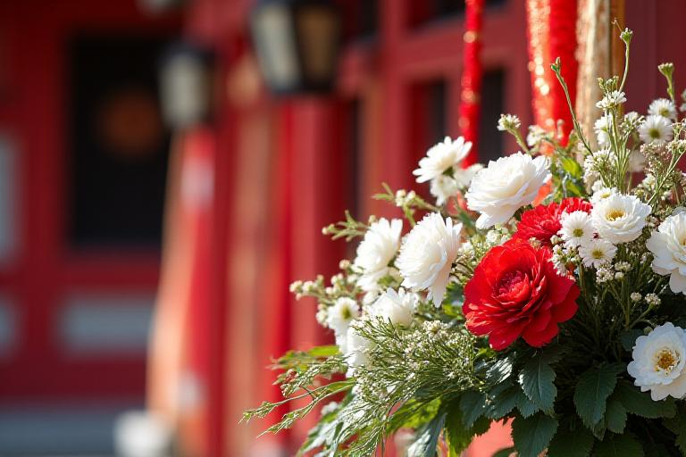 神社のしめ縄飾りに添えられた、伝統的な正月花。