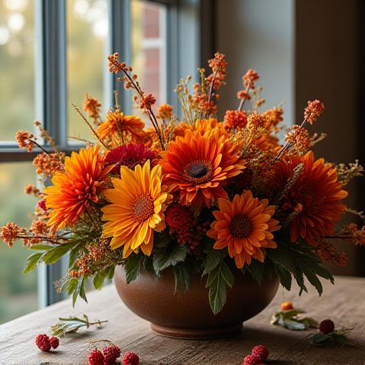 秋の季節を感じさせるアレンジメント。暖色系の花と木の実が使われています。