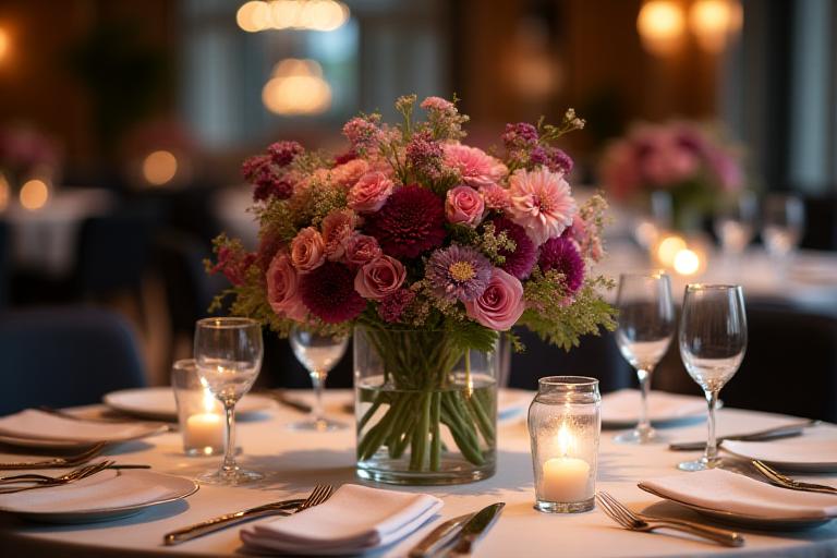 高級レストランのテーブル装花。シックな花器に活けられたシックな色合いの花々が上品な雰囲気を醸し出します。