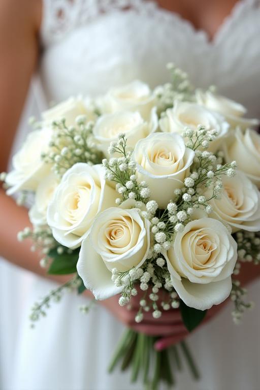 エレガントなウェディングブーケ。白いバラとカスミソウが美しく束ねられています。