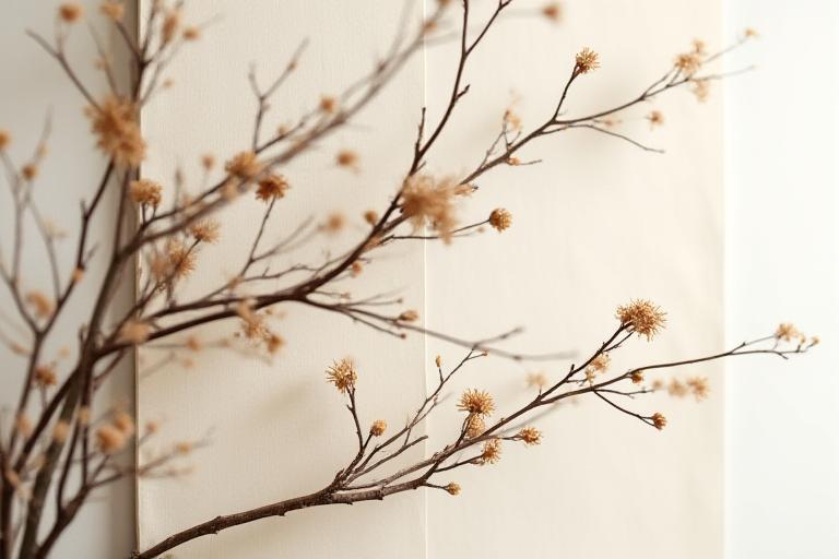 わびさびを表現した壁掛けアート作品。枯れた枝と和紙の組み合わせが自然の儚さを伝えます。
